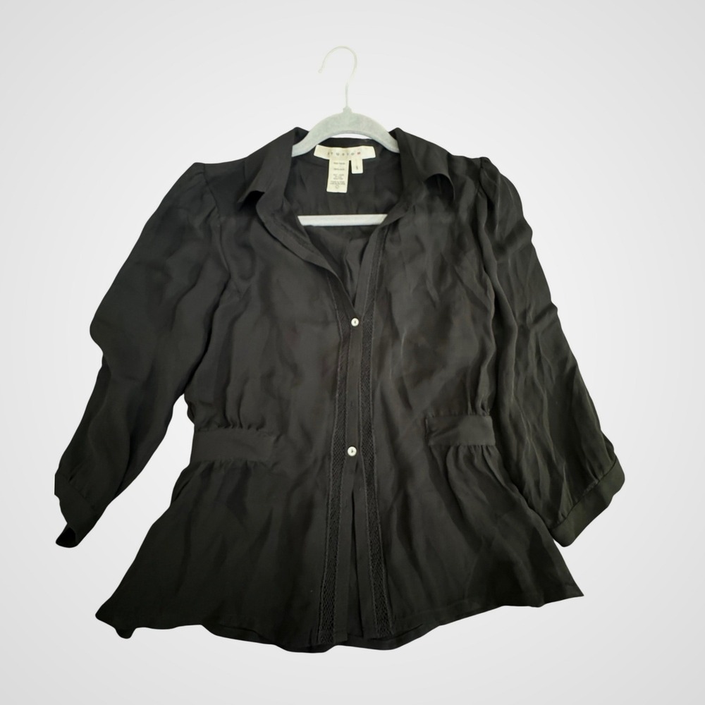 Studio M Black 100% Silk Mesh Trim Peplum Blouse 3/4 Sleeve Top Small 3M07X30